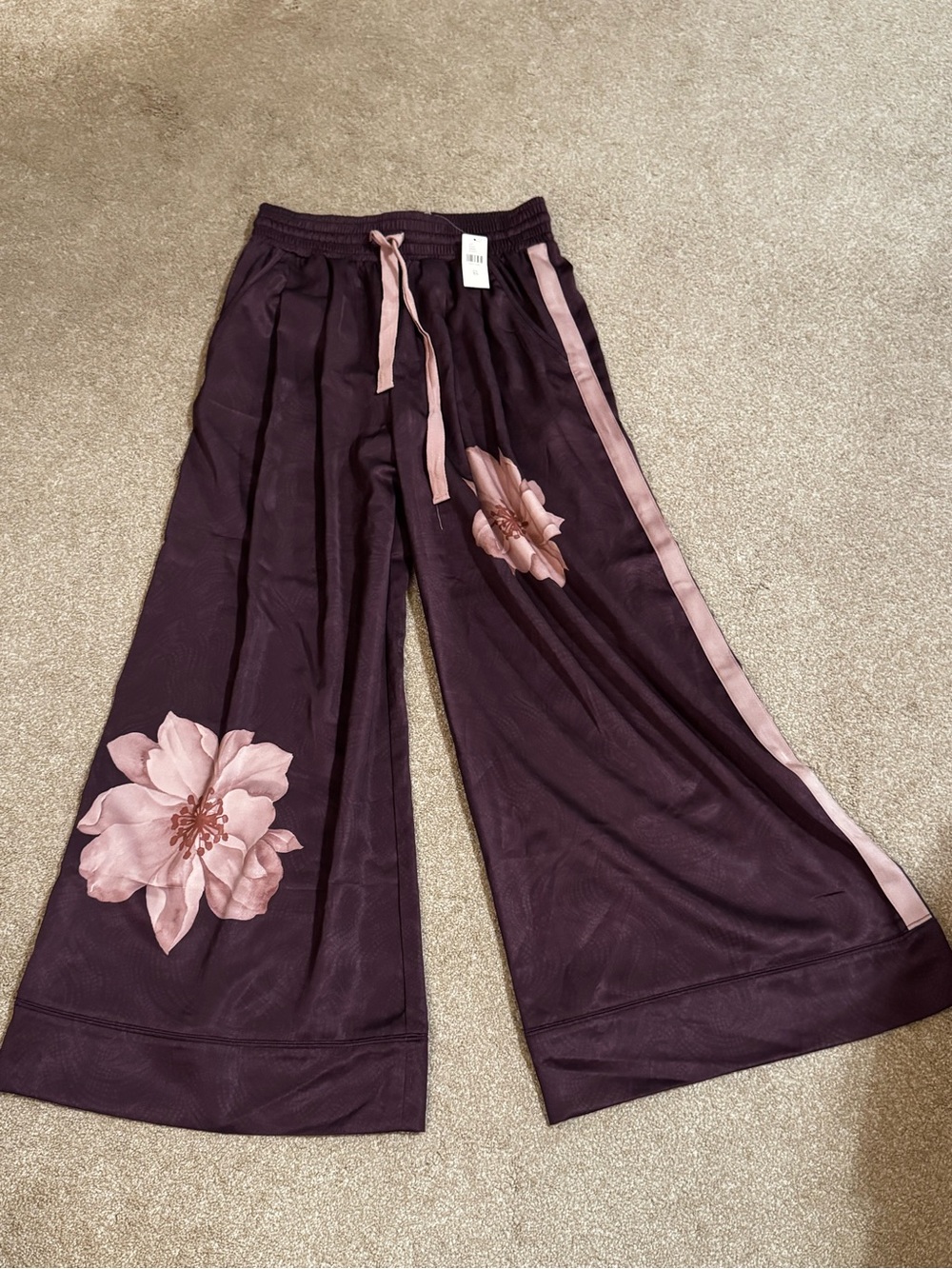 Women’s Plum Wide-Leg Floral Track Pants with Pink Trim